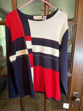 Alfred Dunner Graphic Arts Navy Red White Colorblock Knit Top 1X New 54664